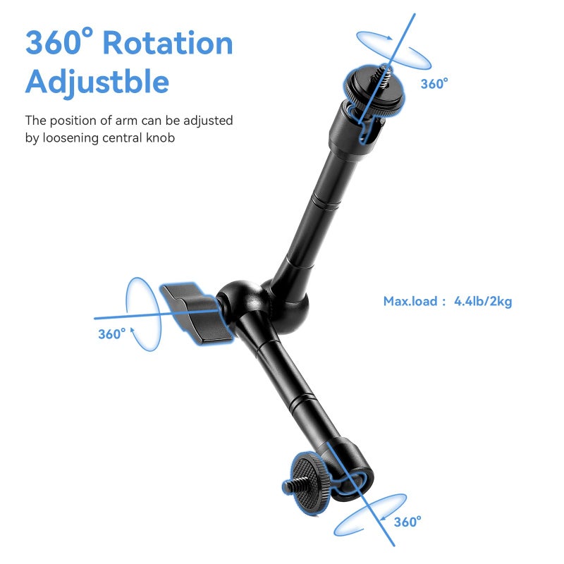 UTEBIT 11" Magic Arm Clamp Mount Kit, 360Â° Ball Heads with ARRI 1/4" & 3/8" Thread Screw, Camera Mount Adjustable Friction Arm w Super Clamp for DSLRs, Camera Cage, Monitor, LED Light, Action Camera - Image 3